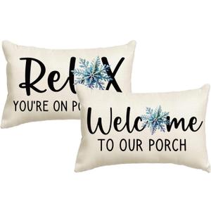 2Pack Winter Porch Decorative Pillow Covers Welcome to Our Porch with Blue Snowflake Design Pillowcases Christmas Season Holiday Cushion Covers 20 x 12 inches(Blue)