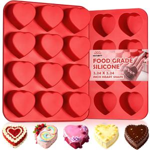 HKNMTT Silicone Heart Molds Valentine's Day for Chocolate Muffin Chocoflan Cake Egg Bites Jello Soap Cupcake Baking, 12 Cavities 2 Pack Love Shapes Red Dessert Pan Handmade DIY Gift Oven Safe Mould