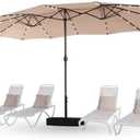 15ft Patio Umbrella with Solar lights & Base, Large Umbrellas, Beige | HERA'S PALACE Rectangle Double Market Umbrella with 36 LED Lights, Big Outdoor Umbrellas for Pool Picnic Inground Yard Deck