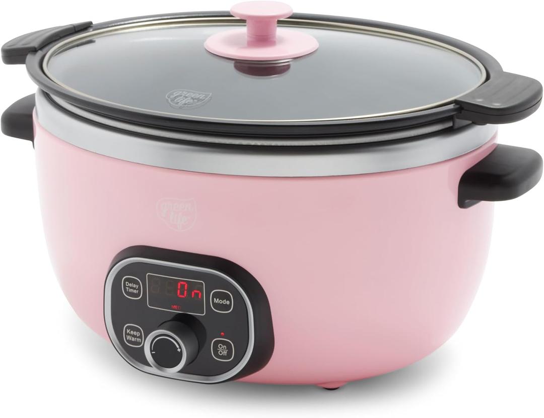 GreenLife 8QT Slow Cooker, Non-Toxic PFAS-Free Ceramic Nonstick Removable Interior Bowl, Programmable, Family Friendly, Keep Warm, Stovetop & Oven Safe, Dishwasher Safe Crock, Timer, Glass Lid, Pink