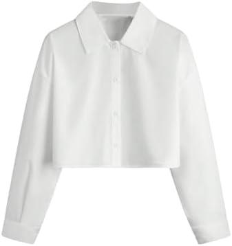 SHENHE Girl's Collared Long Sleeve Button Down Shirts Loose Basic Cropped Blouse Top, Size Small