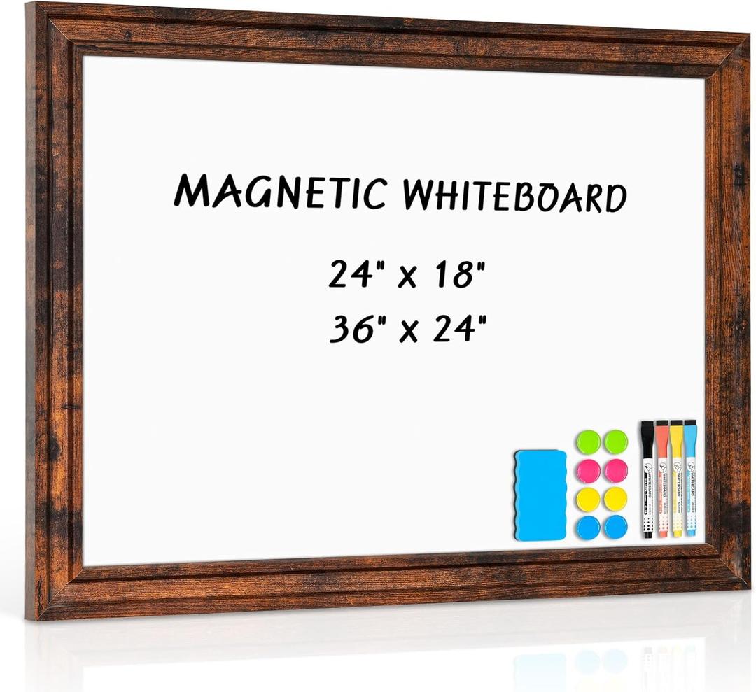 White Board for Wall, 24''x18'' Magnetic Dry Erase Board, Decorative Whiteboard with Brown Vintage Wooden Frame, Hanging Writing Board for Home Office School Dorm