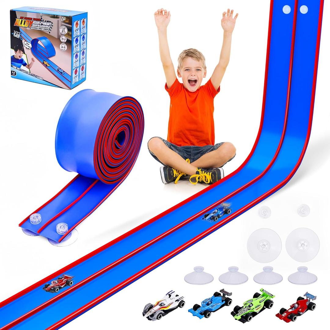 Flexible Race Car Track for Kids 15 Ft Flex Tracks Starter Set Compatible with Diecast 1/64th Cars Portable Rolls Up Race Tracks with Strong Suction Cups Birthday Gifts for Boys Girls Ages 3+ (Blue Red)