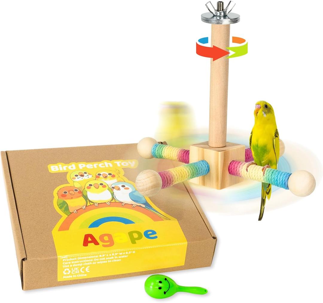 Agape Bird Perch Toy, Parrot 360 Interactive Rotating Toy, Bird Cage Accessories for small and medium Parrots to Expend Energy, Wooden Stand for Parakeets Cockatiels Lovebirds Conures Finches Budgies