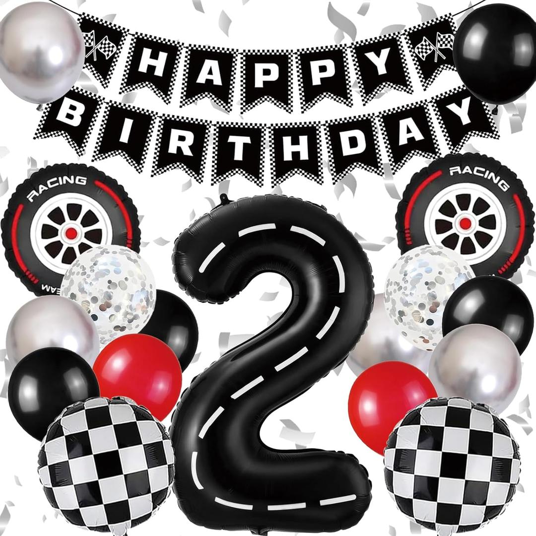 Race Car Birthday Party Decorations, with 40 Inch Racetrack Black Number 2 Balloon, Happy Birthday Banner and Foil Tire Balloon for 2nd Racing Theme Birthday Party Decor
