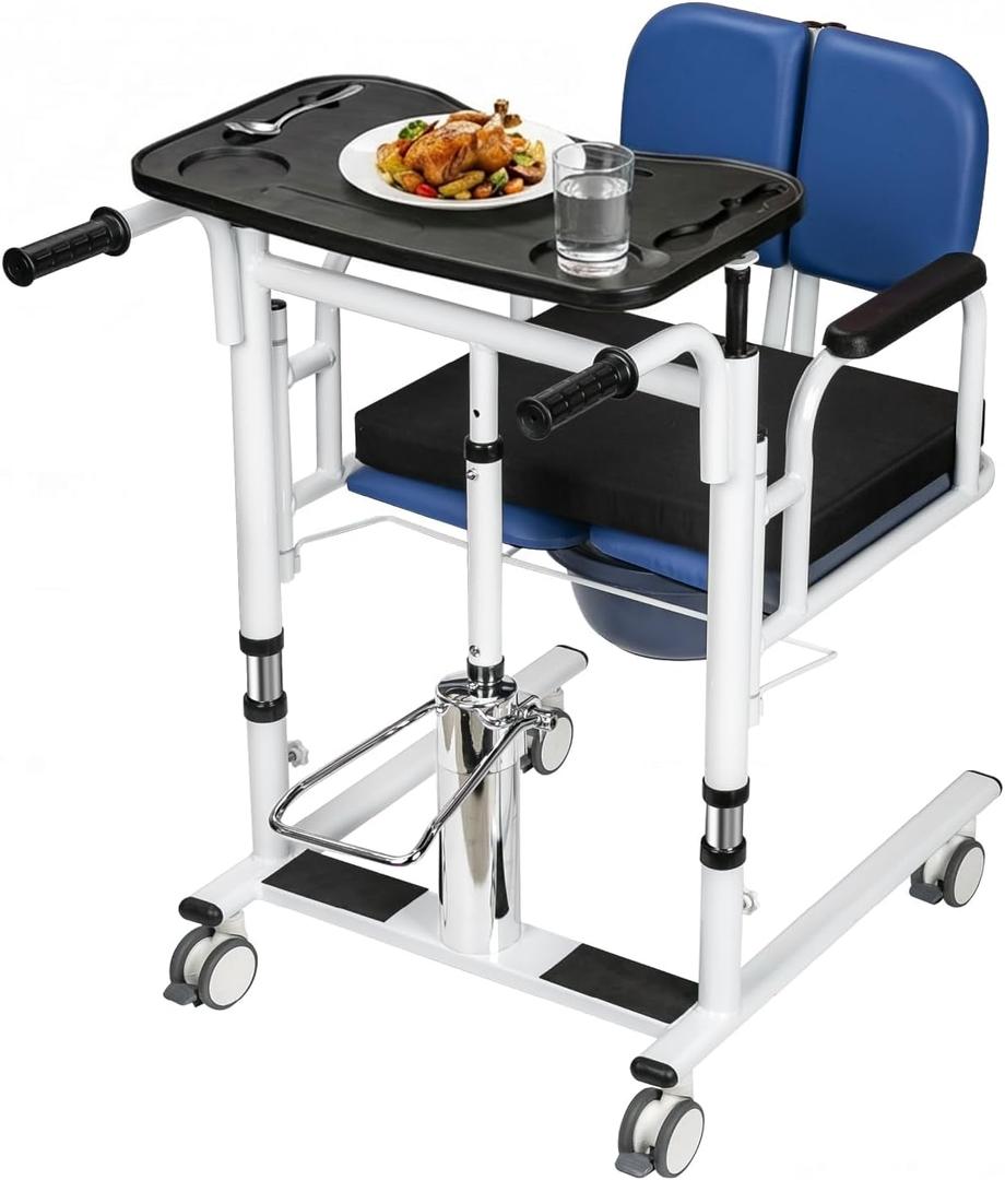 Patient Lift Transfer Chair for Home, 440lbs Capacity,Equipped with a Hydraulic Lift Bar, Commode, and Dining Table4 in 1 Shower Chair with 180 Split Seat, for Elderly Transfer to Bed/Toilet (Blue)