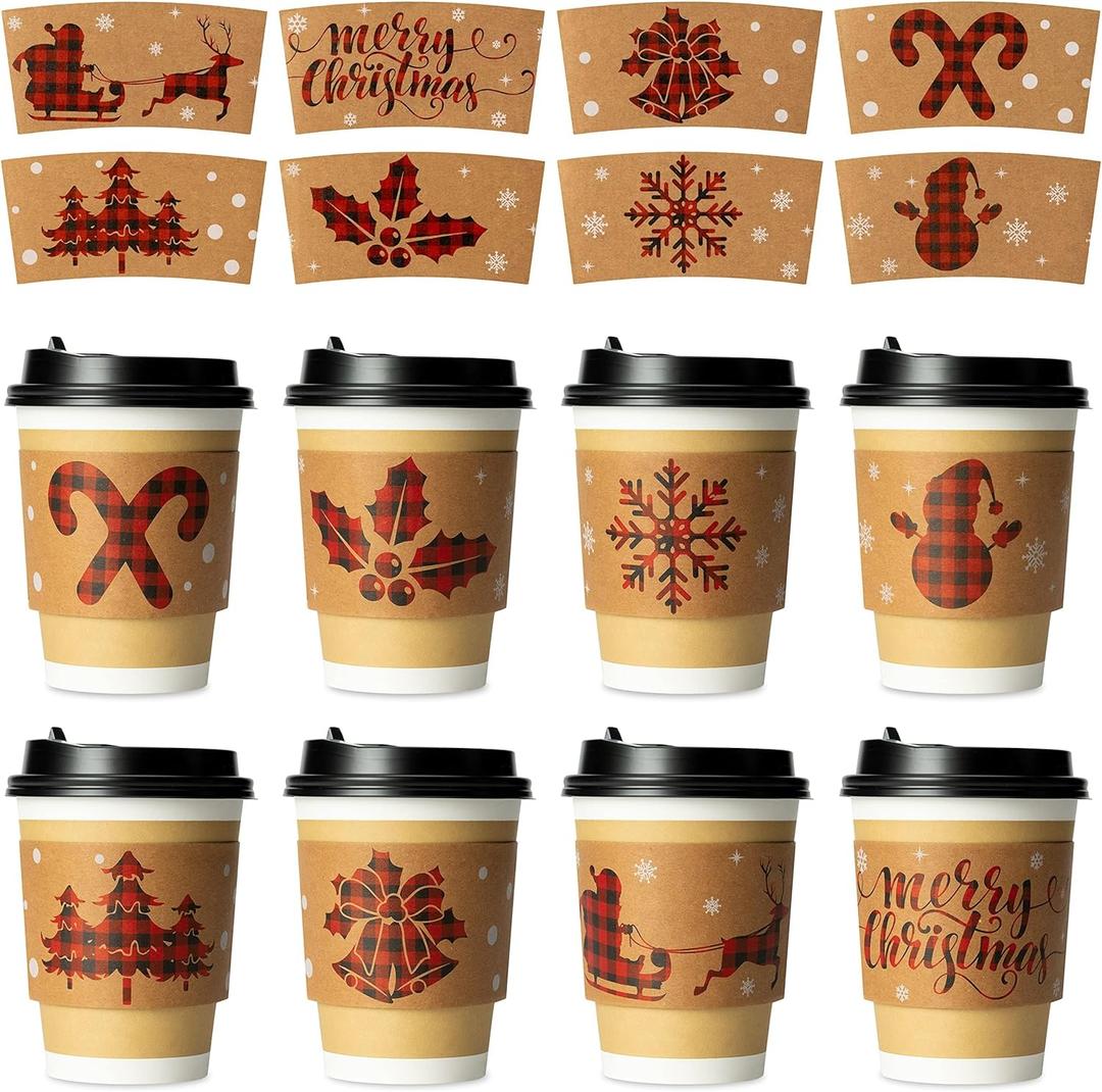Haooryx Christmas Coffee Cup Tea Cup Sleeves - 40 Packs Hot Chocolate Cocoa Cups Sleeves Disposable Snowman Santa Kraft Paper Cup Sleeves for 12oz and 16oz Coffee Cold Drinks Beverage Cups, 8 Designs
