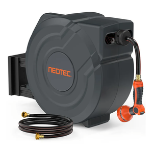 NEOTEC Retractable Garden Hose Reel 5/8 inch x 90ft - Wall Mounted Heavy Duty Hose Reel with 3/4 Inch Brass Fittings & 9-Pattern Nozzle - Auto Rewind System, Any Length Lock, 180° Swivel Bracket NEOTEC Retractable Garden Hose Reel 5/8 inch x 90ft - Wall Mounted Heavy Duty Hose Reel with 3/4 Inch Brass Fittings & 9-Pattern Nozzle - Auto Rewind System, Any Length Lock, 180° Swivel Bracket