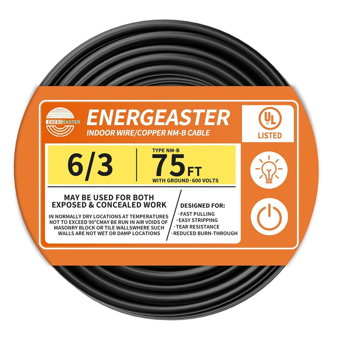 Energeaster Stranded Indoor 6/3 NM-B Copper Cable with Ground 75FT, Black
75FT NMB Cable 6 Gauge Wire 3 Conductors 600V Bare Copper Non-Metallic Sheathed Stranded Indoor Residential Wire, UL Listed