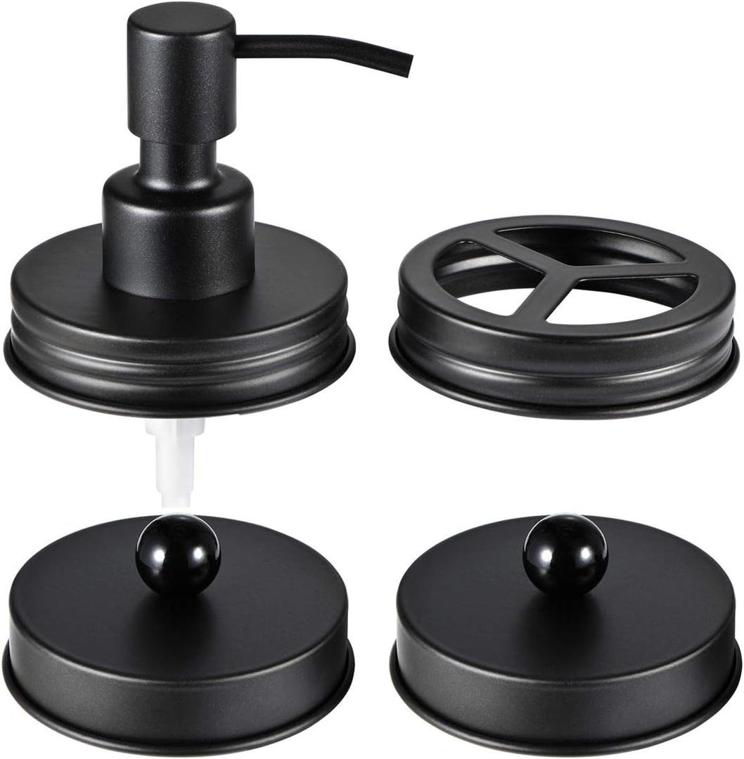 Mason Jar Bathroom Accessories Lids Set(4pcs) - Jars Not Included - Soap Dispenser,Toothbrush Holder, Apothecary Jars Lids for Regular Mouth Mason Jars - Rustproof Stainless SteelBlack