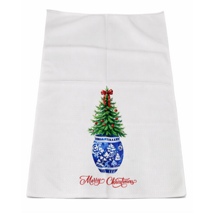 OTOUO Chinoiserie Christmas Kitchen Towels, Blue and White Chinoiserie Decor Christmas Tree Hand Towels, Coquette Red Bow Christmas Dish Towels Tea Towels, Grandmillennial Home Decor, 16x24 Inch Pack of 2