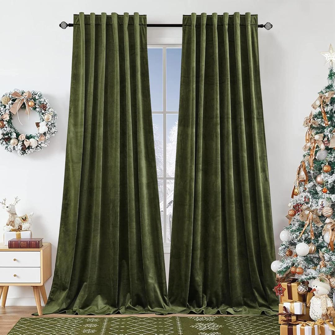 Dchola Olive Green Velvet Curtains for Bedroom Window with Back Tab, Super Soft Vintage Luxury Heavy Drapes, Room Darkening Thermal Insulated Curtain for Living Room, W52 by L84 inches, 2 Panels (52"W x 84"L (Pack of 2), Olivegreen)