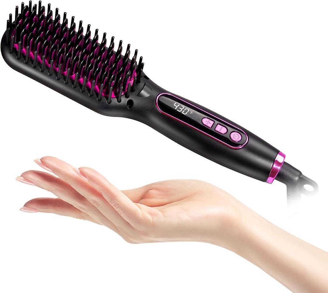 Mini Hair Straightener Brush Travel Size for Women,Dual Voltage Straightening Brush with Ceramic Heated Bristles,Adjustable Temperature&LED Display