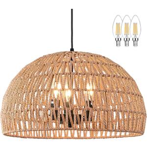 17.6 inch Hemp Rope Woven Wicker Pendant 3-light Rattan Boho Farmhouse Dome Pendant for Dining Room Bedroom Kitchen (Bulb Included)