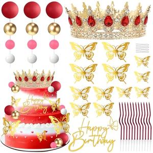 ZOYVUX Birthday Crown Cake Topper, Cake Decorations with Happy Birthday Cake Topper, Balls, Gold Butterflies, Corona Para Pastel for Women, Princess, Wedding Party Decor (Gold & Red)