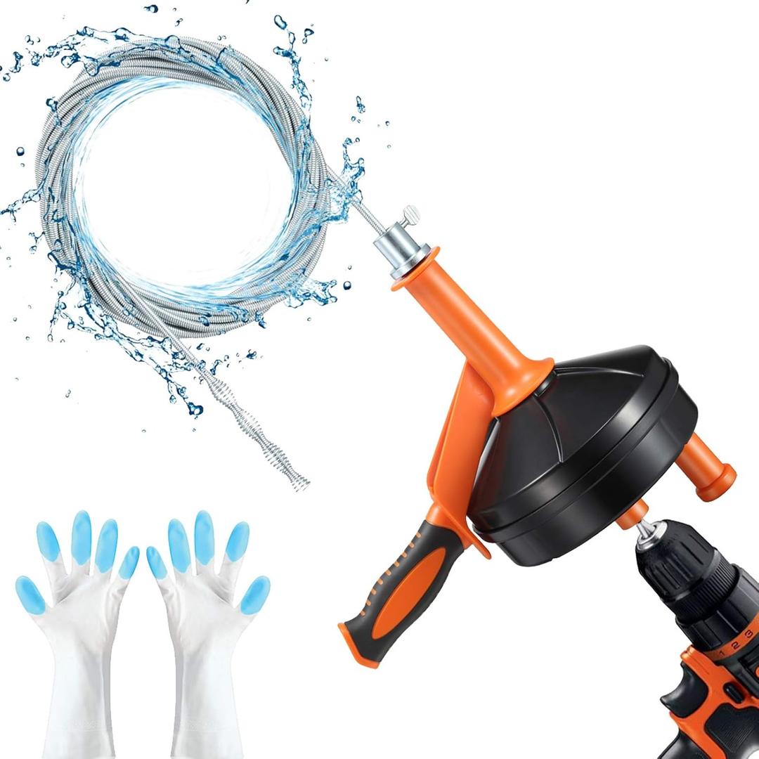 Drain Auger, Clog Remover with Drill Adapter, 25 Feet Flexible Plumbing Snake Use Manually or Powered for Kitchen,Bathrom and Shower Sink, Comes with Gloves (Orange)