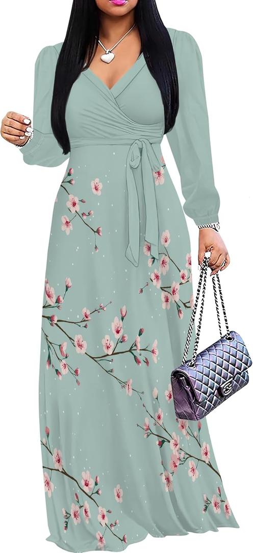 PinkPatty Women's Long Sleeve Maxi Dress Plus Size Trendy Wedding Guest Wrap Dress with Pockets&Belt (Blue, XL)