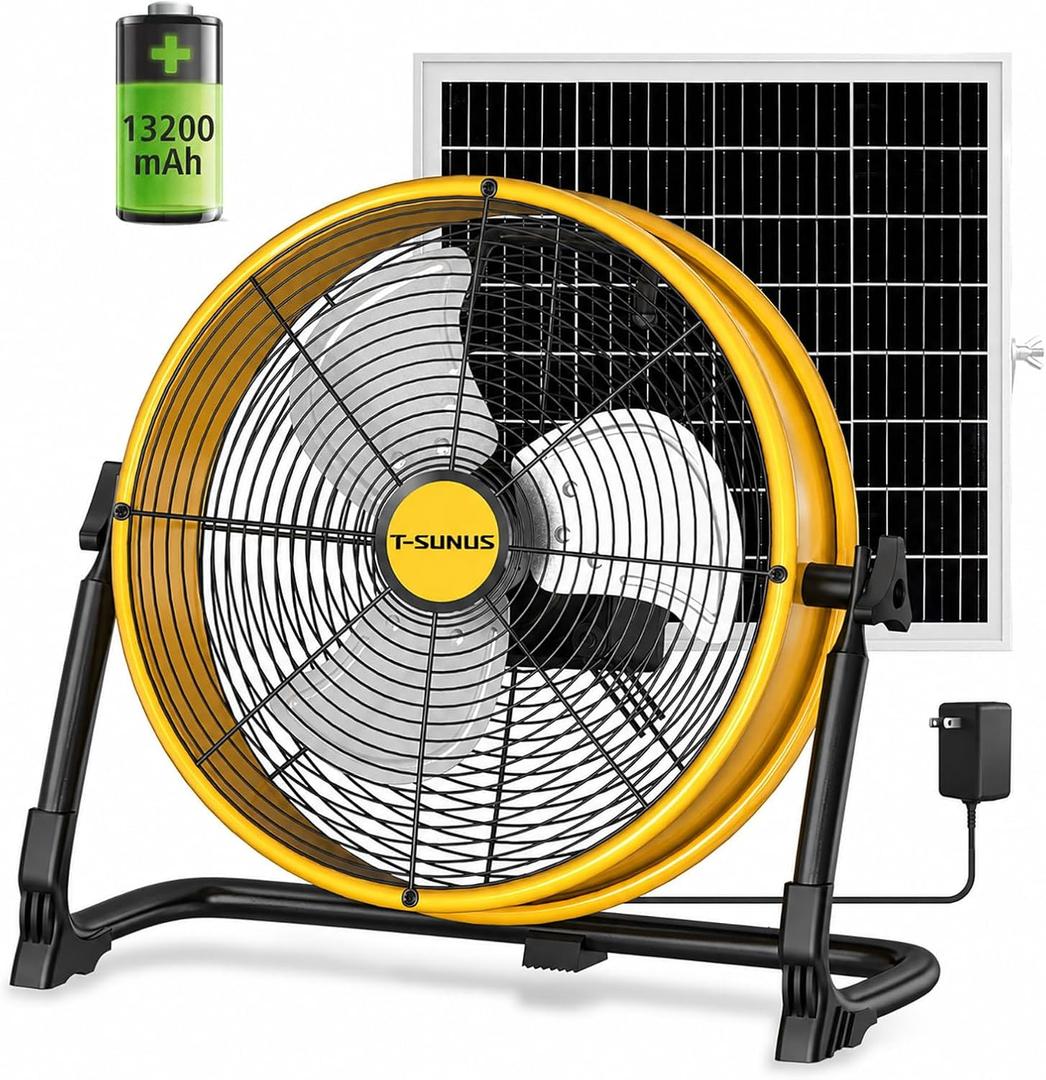 T-SUNUS 12" Solar Powered Floor Fan 13200mAh & 20W Panel, 1500 CFM