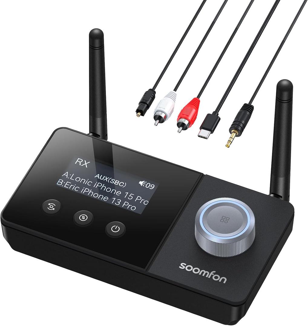 SOOMFON Dual Antenna Bluetooth Transmitter for TV Bluetooth 5.3 Receiver 3-in-1 to 2 Headphones with LCD Display Volume Control Optical AUX RCA for TV Home Stereo Speaker