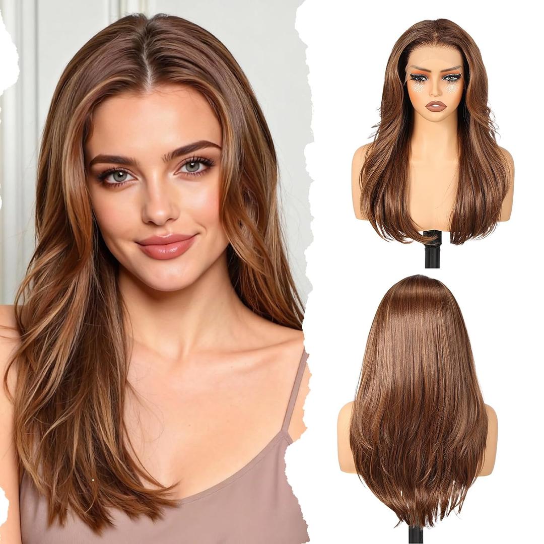 13x6 HD Lace Front Wig Long Straight Synthetic Lace Front Wig Mixed Brown Layered Pre Plucked Glueless Wig for Women Daily Party Use 22IN