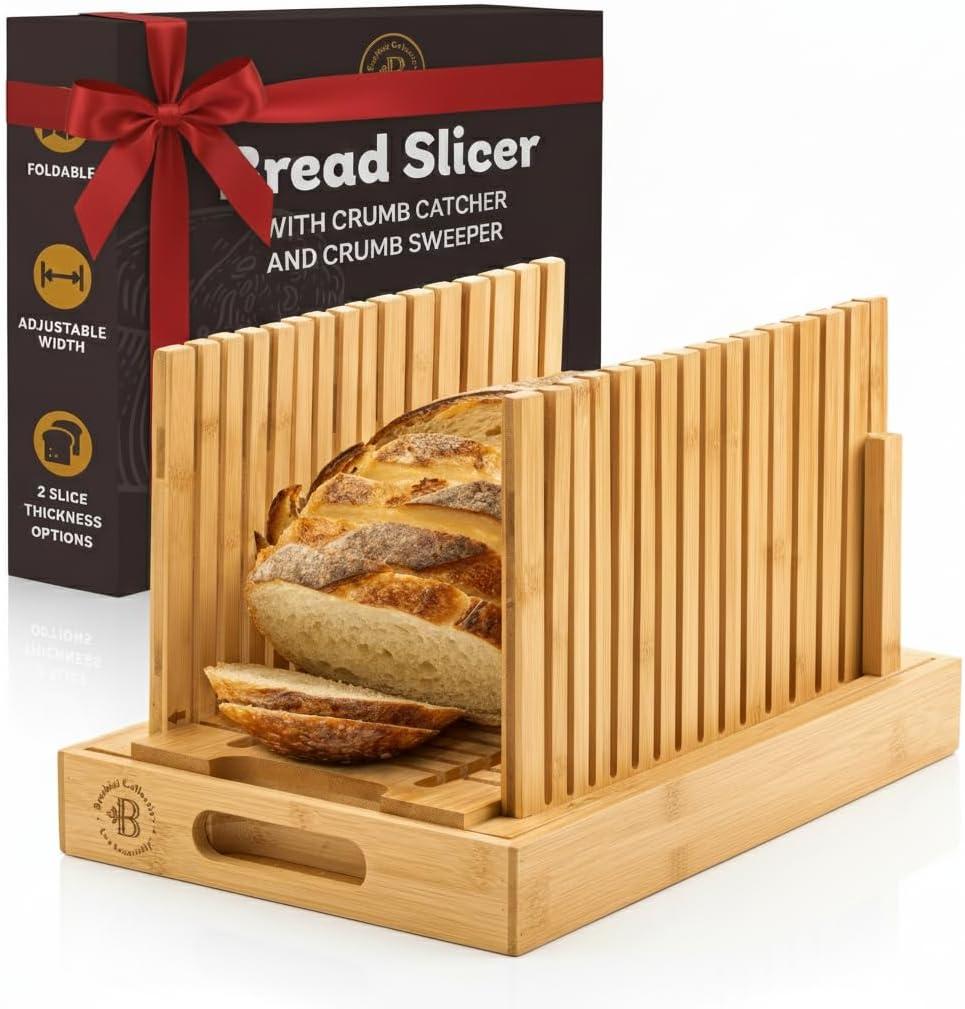 Bread Slicer for Homemade Bread - Adjustable Loaf Width Bread Cutter with Foldable Slicing Guide and Crumb Tray - Wooden Bread Cutting Board for Loaf, Cake, Bagels, Artisan Bread - Gift for Bakers