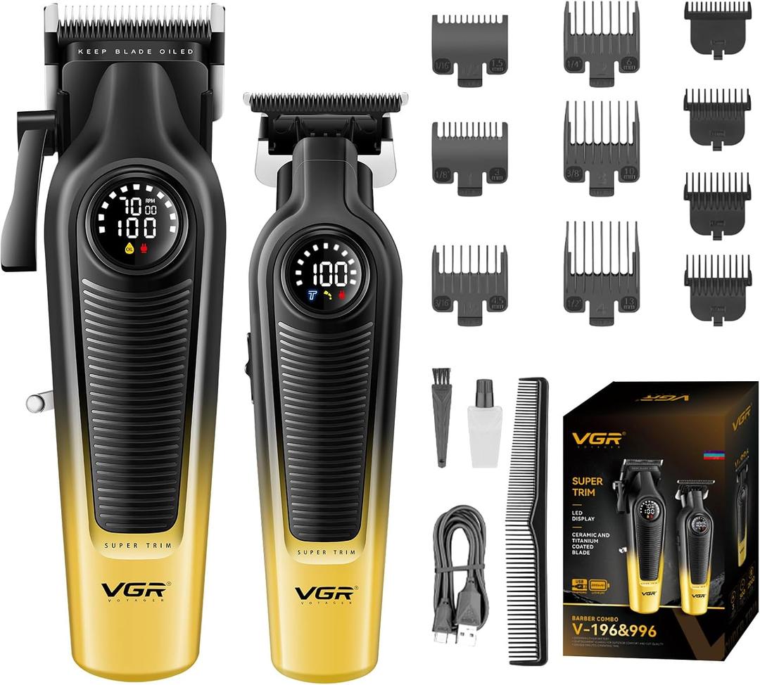 VGR Hair Clippers for Men & Hair Trimmer Set, Cordless Barber Combo with LED Display, Ceramic & Titanium Blades, 7000RPM, Type-C Rechargeable, Home & Professional Hair Cutting Kit, V-196 & 996(Gold)