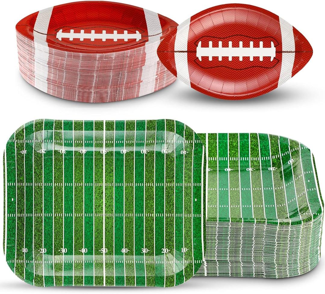 Tanlade 200 Pcs Football Paper Plates Football Party Decorations Supplies Disposable Plates Snack Nacho Platter Serving Trays for Game Day Sports Event Tailgate Party, 2 Styles