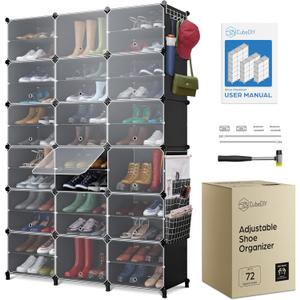 Shoe Organizer Cabinet Up to 72 Pairs, Shoe Closet-Covered Shoe Rack with See-Through Door (Clear, Plastic, Stackable) Cubby Portable Shoe Organizer with Covers, Hooks & Pockets, Black