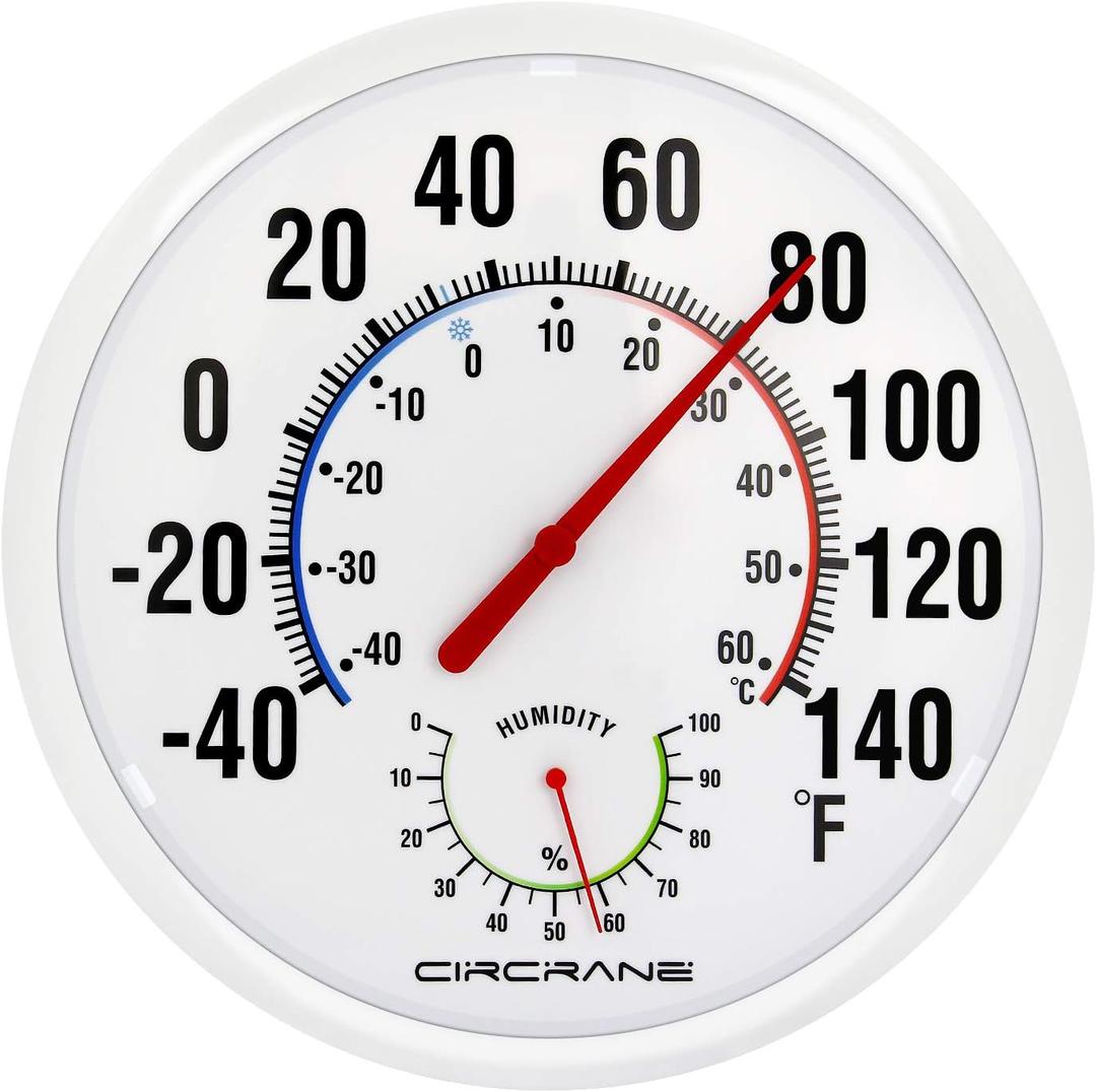 Circrane 13.25 Inch Round Thermometer with Hygrometer, Large Indoor Wall Patio Bimetal Weather Thermometer, No Battery Required, White