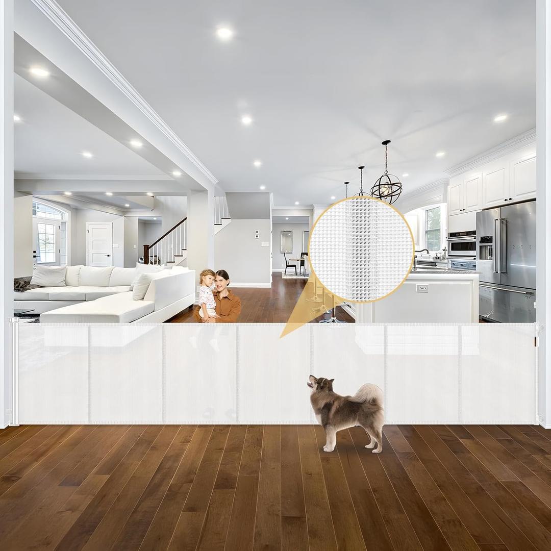 Reinforced 42" Tall x 195" Extra Wide Retractable Baby Gate with Support Rods - Prevent Crawling Under, Extra Large Baby Gate Retractable Dog Gate Indoor Tall Dog Gate Outdoor Gates for Decks, White