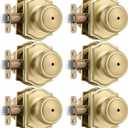 6 Pack Gold Door Knobs with Camelot Trim,Interior Door Knob with Lock,Coastal Privacy Door knob for Bath and Bedroom, Satin Brass