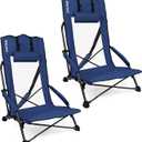 SPORT BEATS Low Beach Chairs Set of 2 Folding Beach Chairs High Back Support with Head Pillows Shoulder Straps (Navy)