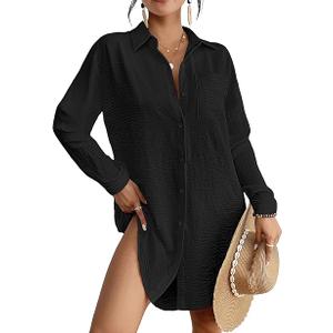Bsubseach Swimsuit Coverup for Women Button Down Beach Cover Ups Long Sleeve Shirt Dress Modern Blouse Top (Medium, Black)
