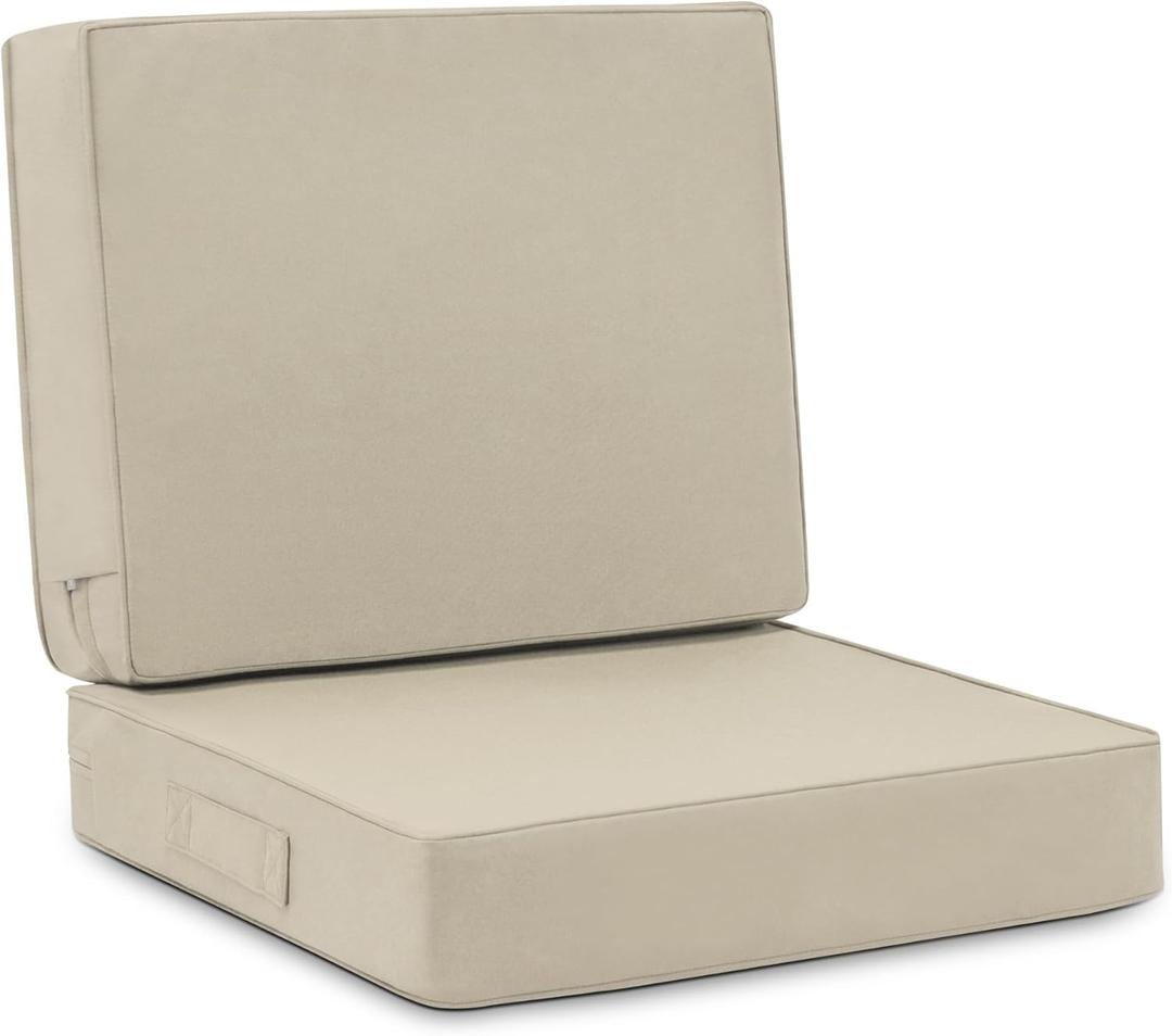 Favoyard Deep Seat Patio Cushion Set 24 x 24 Inch Waterproof Outdoor Chair Cushions for Patio Furniture with Fade Resistant and Removable Cover with Handle & Adjustable Straps for Patio, Yard, Garden (Seat 24x24 In + Back 24x20 In, Beige)