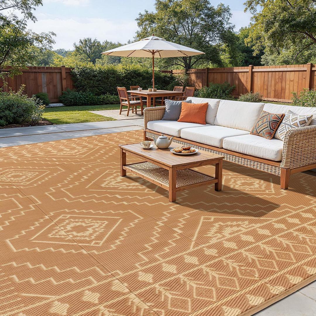 LBRO2M Waterproof Outdoor Rugs 10X14 for Patio Outdoor Plastic Straw Rug Reversible Outdoor Camping Rugs RV Rug for Deck,Backyard (10X14 Brwon Beige)