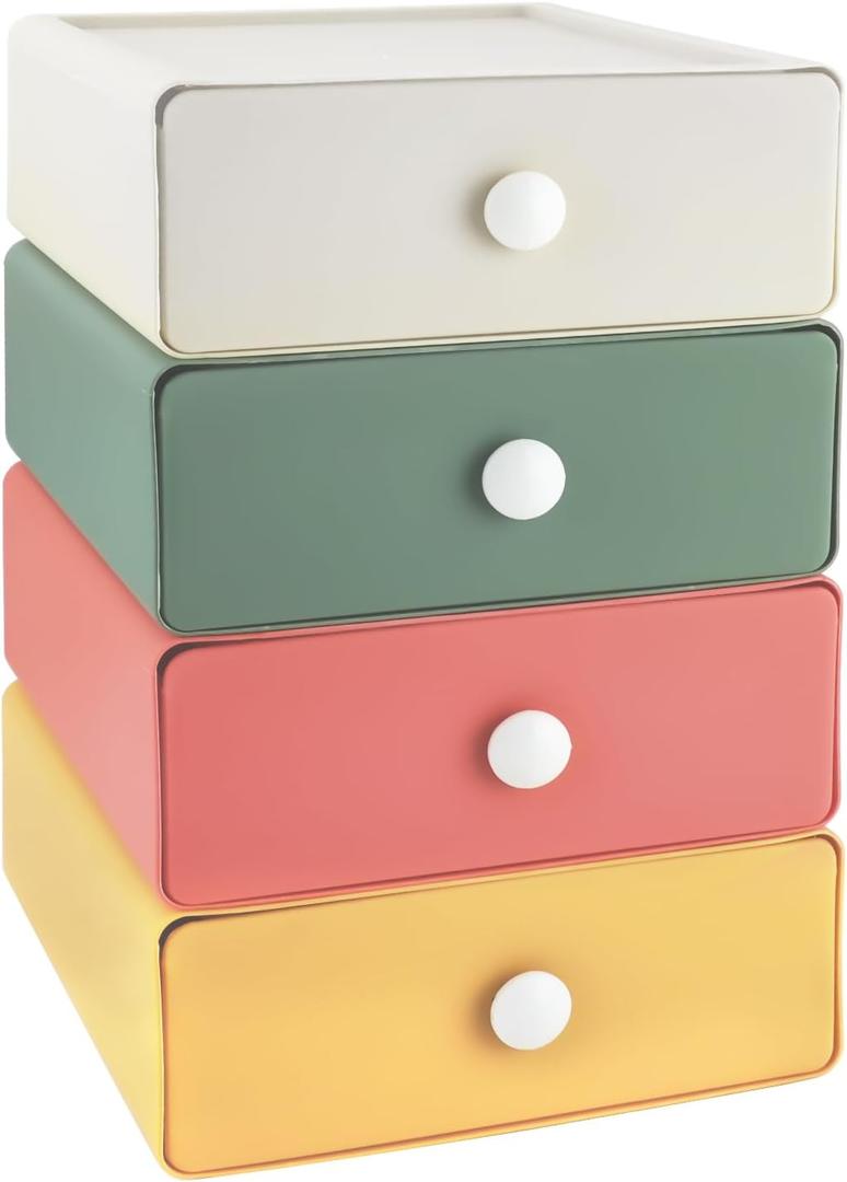 RETON 4 PCS Desktop Storage Drawers, Stackable Desk Organizer with Drawers, Large Capacity Desktop Storage Box for Office, School, Room, Dorm, Bathroom (4 Colors)