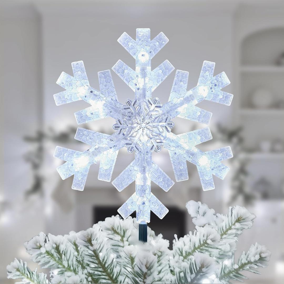 Brightown-Christmas-Tree-Topper-Star-Lighted, 3D Snowflake Snow Cool White Christmas Tree Star Topper with Lights Built-in 15 Bulbs Plug in Vintage Classic Indoor New Year Xmas Decorations Ornaments