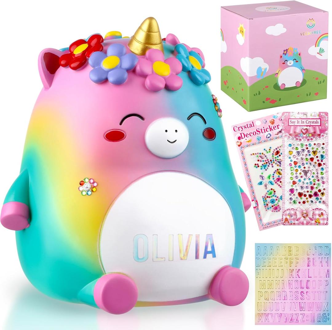 Unicorn Piggy Bank Girls  Cute Rainbow Kids Piggy Bank for Girls, Personalized Unbreakable Resin Coin Money Bank for Kids with Stickers for Toddlers