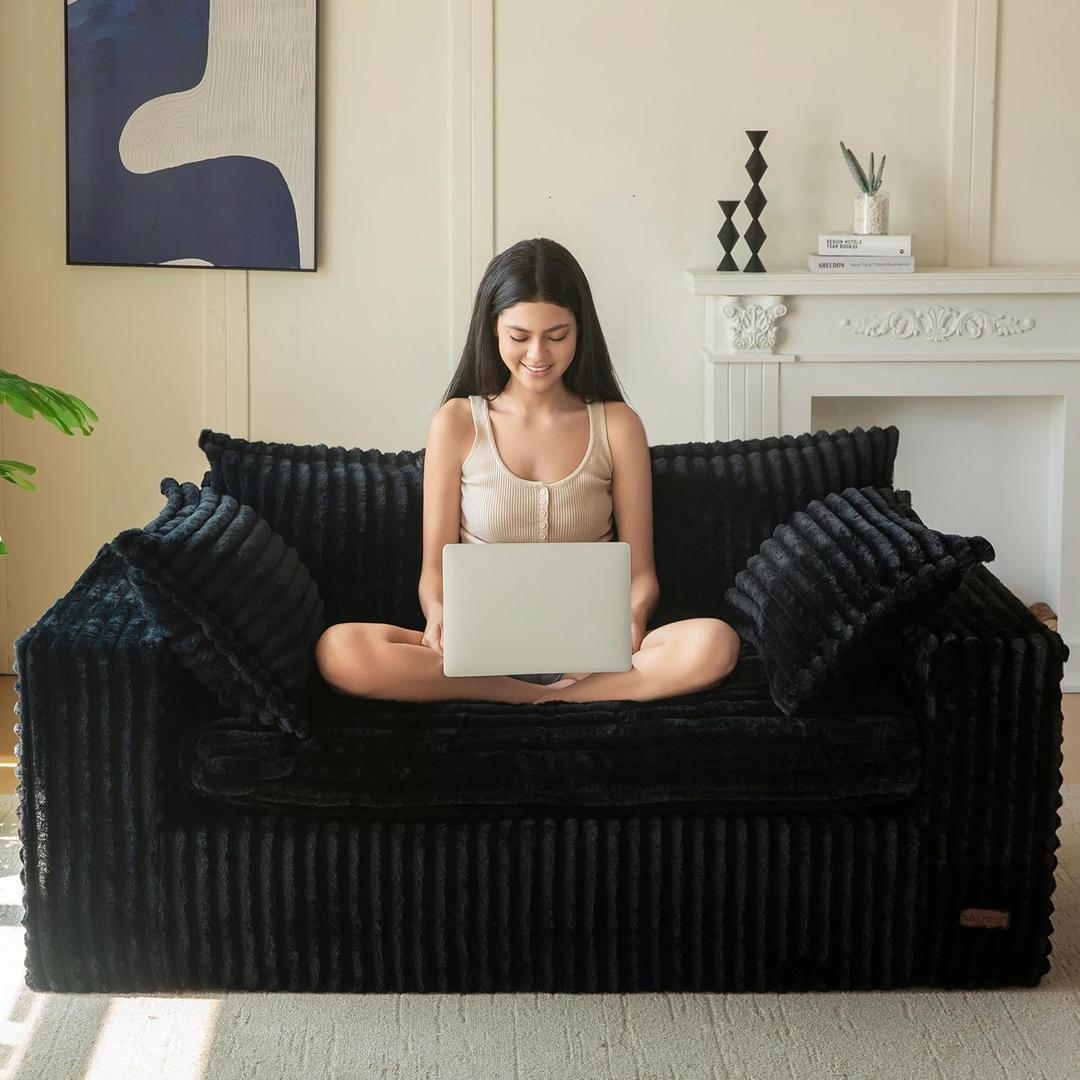 MAXYOYO 59" Bean Bag Sofa Couch, Loveseat Boneless Couch in a Box, Upholstered Small Mini Sofa with Deep Seating for Living Room Bedroom Office Apartment, No Assembly, Black