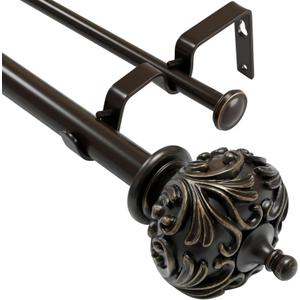 Double Curtain Rods for Windows 72 to 144 Inches, 1 Inch Diameter Heavy-duty Adjustable Double Curtain Rods, With Classic Decorative Finials for Bedrooms and Living Rooms.Bronze