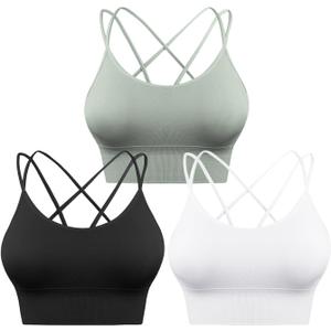 Sykooria 3 Pack Strappy Sports Bra for Women Sexy Crisscross for Yoga Running Athletic Gym Workout Fitness Tank Tops (Medium, 3 Pack-black+white+green)