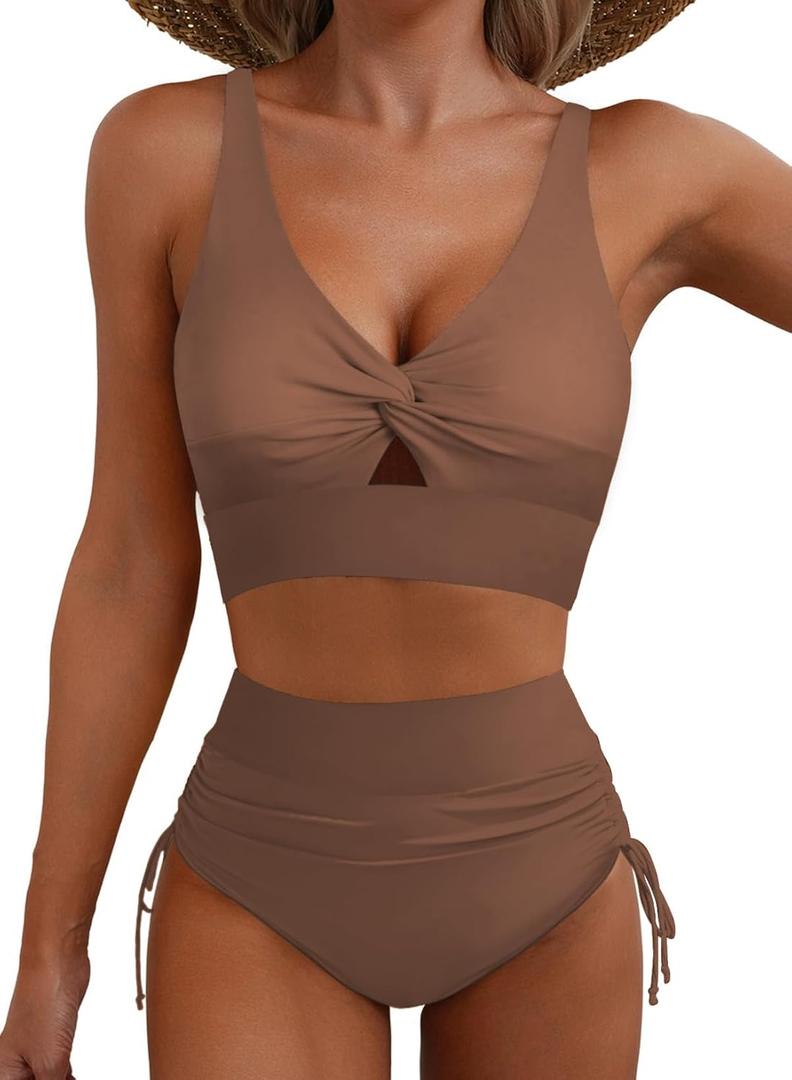 ZAFUL Women High Waisted Bikini Sets Color Block Swimsuit Two Piece Knot Twist Cut Out Drawstring Bathing Suit (Small, Coffee)