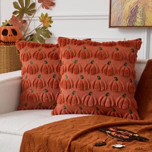 UGASA Fall Pillow Covers 20 x 20 Set of 2 Pumpkin Pattern Embroidery Decorative Throws Pillowcases Autumn Halloween Soft Plush Faux Wool Pillows for Home Couch Sofa Bedroom Chair, Rust
