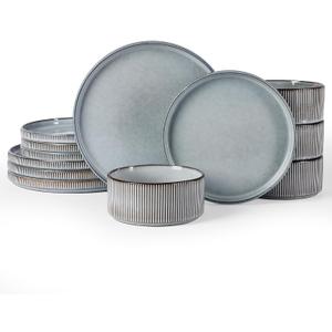 Famiware Star 12-Piece Stoneware Dinnerware Sets, Service for 4 - Handcrafted Reactive Glaze Plates and Bowls, Modern Rustic Dishes, Chip & Scratch Resistant, Microwave & Dishwasher Safe, Smoky Blue