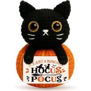 2 x Hocus Pocus Sign Magical Halloween Decor Gift, Mini Black Cat Plush Pumpkin Toy, Witchy Cute Halloween Decor for Women Friend Coworker Handmade Crochet Fall Autumn Table Tiered Tray Ornament