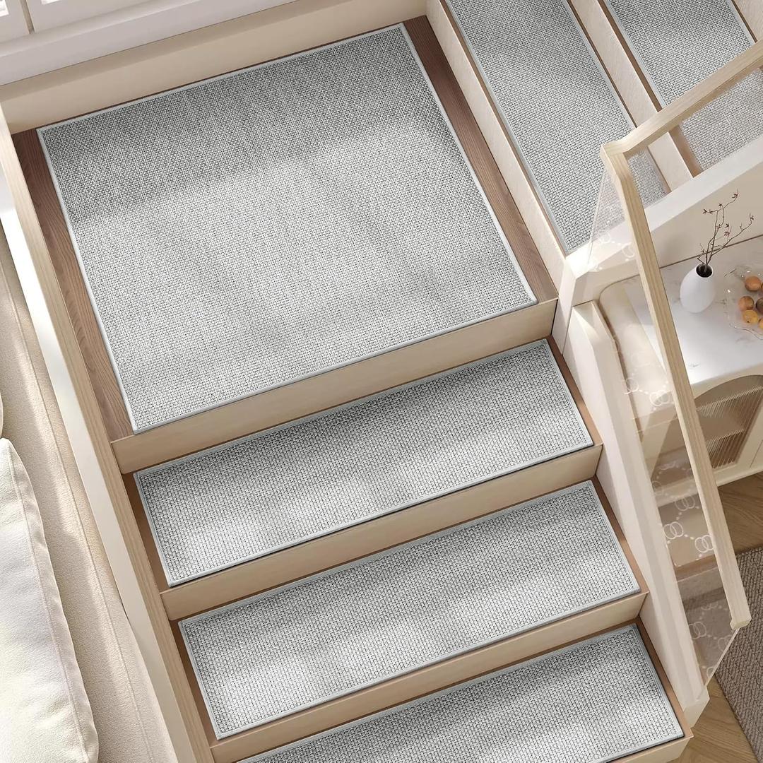 Deerly 15pcs Stairs Treads and 1 Landing Carpet, Breathable Linen Stair Carpet Non Slip for Wooden Steps Peel and Stick Stairs Runner Indoor Self-Adhesive Treads Stair Covers Mat 8"X30" and 30"X30"