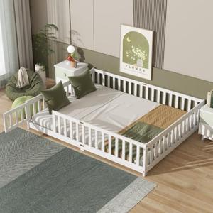 Queen Floor Bed Frame with Fence, Queen Size Floor Bed with Door & Safety Guardrails, Rubber Wood Montessori Bed for Boys & Gilrs, White