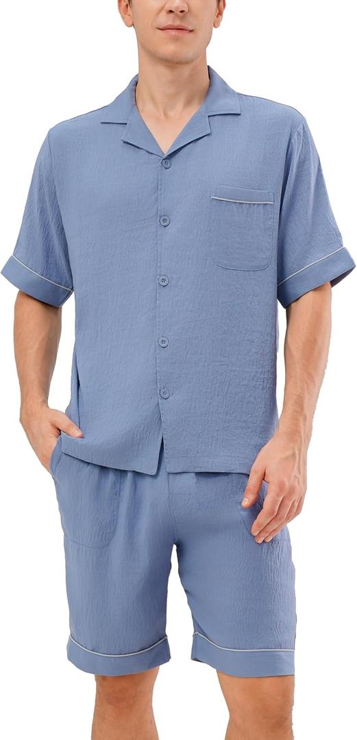 DAVID ARCHY Mens Pajamas Set Short Sleeve Summer Loungewear Soft Lightweight 2 Piece Pj Shorts Set with Pockets (Medium, Dusky Blue) DAVID ARCHY Mens Pajamas Set Short Sleeve Summer Loungewear Soft Lightweight 2 Piece Pj Shorts Set with Pockets (Medium, Dusky Blue)