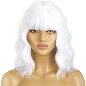 BERON 14 Inches White Wig with Bangs Short Curly White Wigs for Women Daily Party Hairnet Include