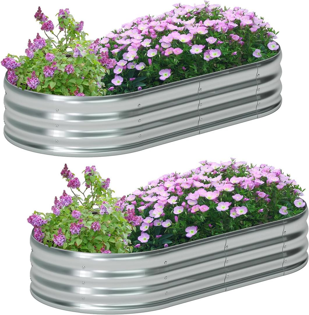 Zizin 2 Pack Galvanized Raised Garden Bed Metal Oval Raised Garden Beds Outdoor Planter Box for Vegetables (6x3x1FT, Silver)